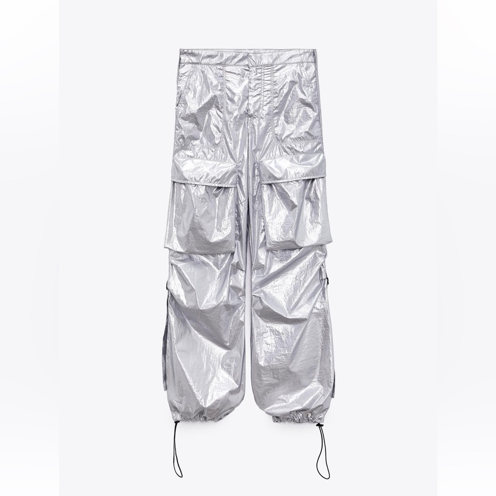 Zara Shimmering Metallic Silver Cargo Trousers